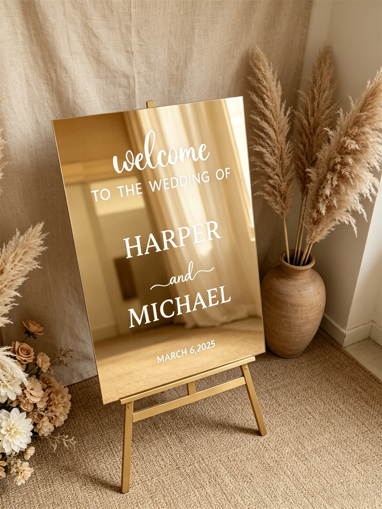 Mirror acrylic welcome signs, golden mirror wedding direction signs, custom wedding direction signs, ceremony welcome signs